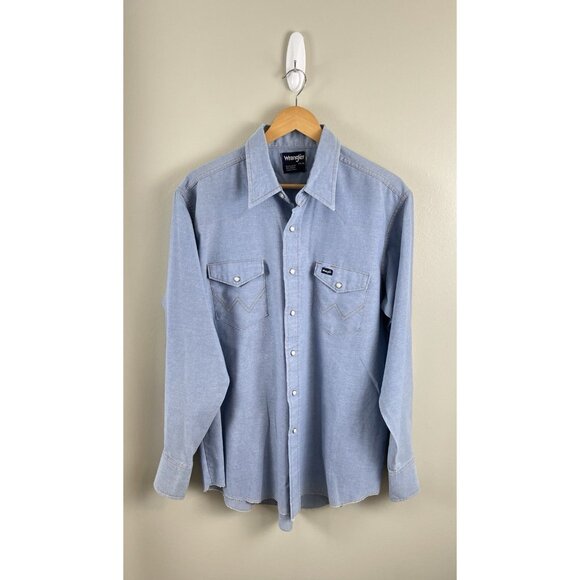 Wrangler Vtg Shirt Mens Blue Chambray Pearl Snap Western X-Long Tails 17 1/2-36 - Picture 1 of 12